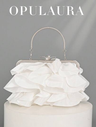 OpulAura 女士优雅迷人花瓣宴会手拿包，荷叶边设计晚礼服手提包，适合婚礼/度假/正式派对/舞会，配有链条