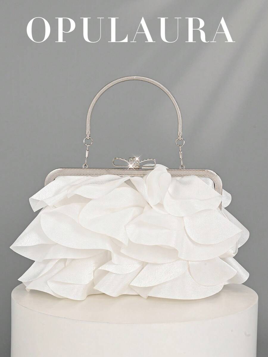 Bolso de mano elegante y encantador con diseño de pétalos de OpulAura para mujer, bolso con volantes adecuado para vestido de noche, apto para boda/vacaciones/fiesta formal/baile de graduación, incluye cadena - Blanco - Ver 1