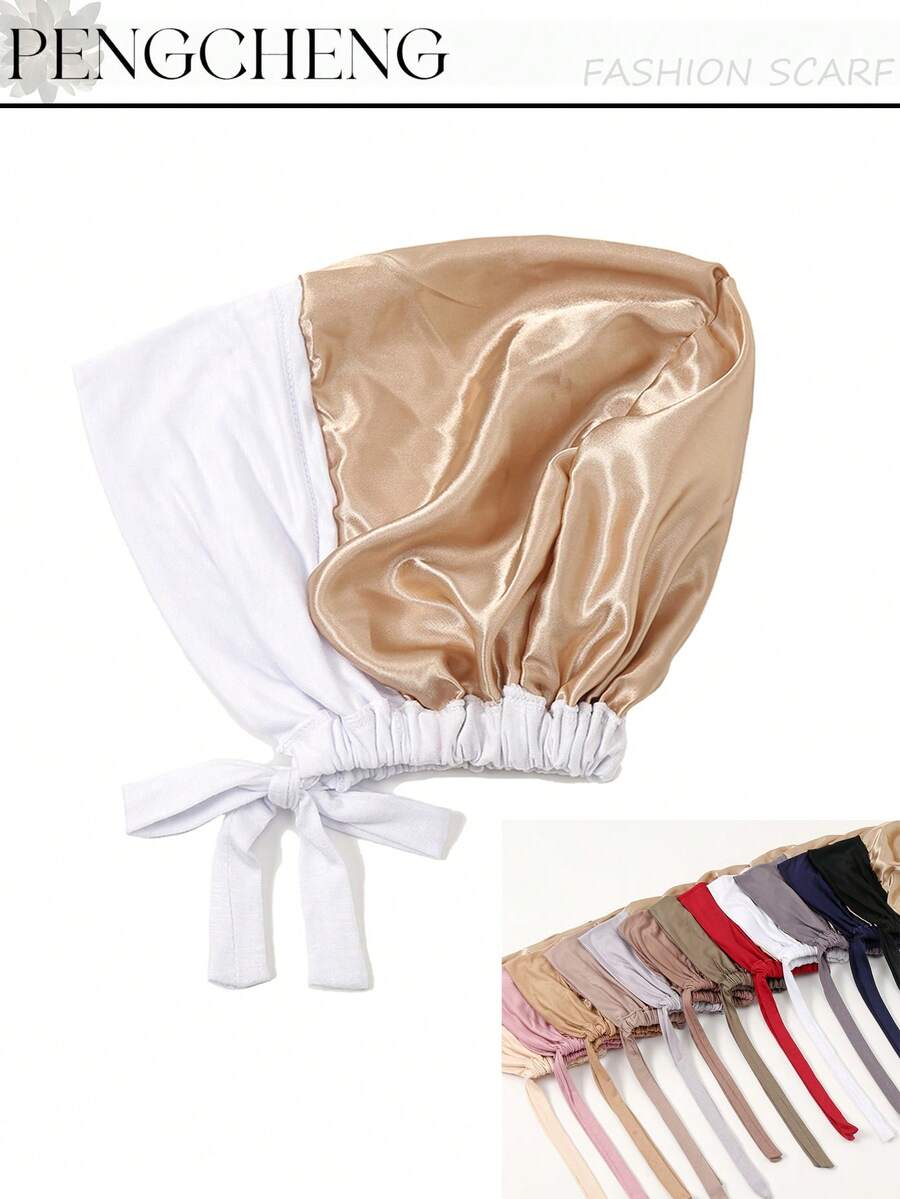 1 pieza Sudadera con capucha de unicolor y cordón elástico para mujer, camiseta interior con forro de satén, diadema elástica musulmana