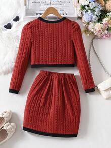 女童优雅方领公主风长袖上衣和裙子套装，春秋 - 紅色 - 查看 2