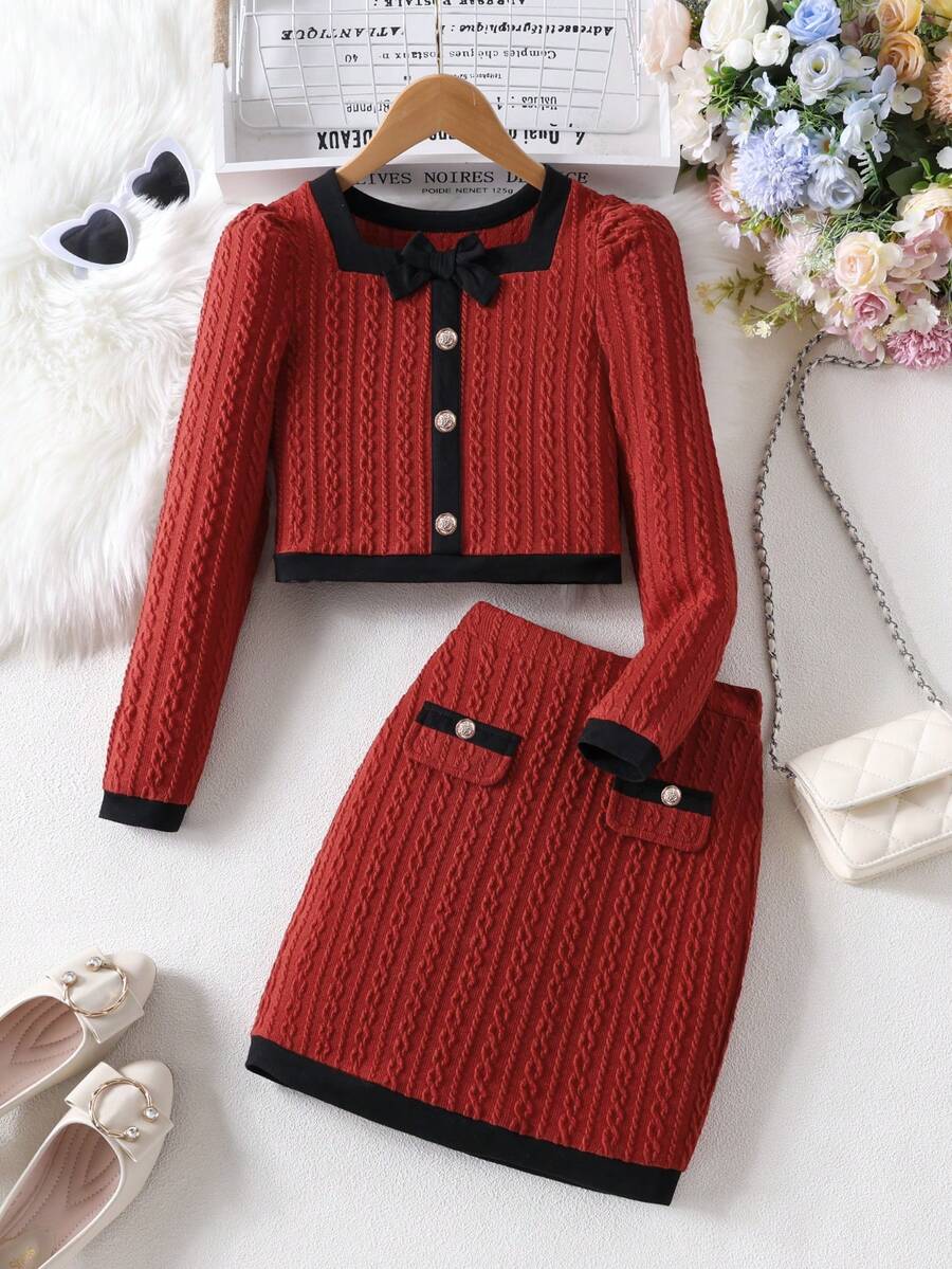 女童优雅方领公主风长袖上衣和裙子套装，春秋 - 紅色 - 查看 1