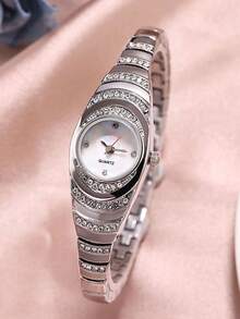 2pcs Set Fashionable Business Versatile Luxury Rhinestone Studded Elegant Quartz Watch, Mother's Day Gift Set - Silver - View 2