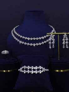 Set de 5 bijuterii de mireasă în stil regal de lux, include colier, brățară, cercei, inel, lucrat manual cu design de ciucuri cu frunze stratificate și zirconiu cubic, potrivit pentru purtare zilnică și nuntă, cadou de aniversare a nunții (ambalaj în cutie cadou) inclus