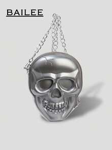 BAILEE 1 chiếc túi hình đầu lâu bằng silicon màu trơn, phong cách punk thời trang, chủ đề Halloween, có khóa kéo và dây xích kim loại, túi đeo chéo dành cho nữ, phù hợp cho các bữa tiệc chủ đề Halloween, phối hợp với trang phục Halloween và làm quà tặng Halloween, hoàn toàn phù hợp với trang phục Halloween. - Bạc - Xem 13