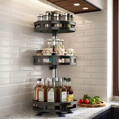 رف تخزين دوار 360 درجة للمطبخ، رف تخزين التوابل، صندوق تخزين، برطمانات للزيت والملح والصلصة والخل والتوابل، رف دوار متعدد الوظائف، مستقر بشفاط، صينية مربعة أو دائرية، يمكن استخدامه في المطبخ والحمام لتخزين التوابل والديكور المنزلي وتخزين الحفلات والكريسماس