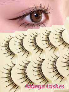 Rikuaild 5 Pairs Natural Curly & Thick Lightweight Anime Style False Eyelashes, Soft Criss-Cross Black & Transparent Band, Pointed Cartoon Design Lashes - Suitable For Daily Use, European & American Style, Portable & Easy To Apply Makeup Tool - 尖尾漫畫款 - 查看 2