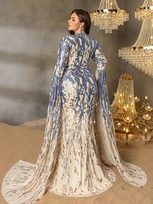 Plus Size Women's Elegant Heart-Shaped Neckline Formal Evening Gown, With Extra Long Dramatic Sleeves, Fishtail Hem, And Shaping Silhouette, Suitable For Black Tie Galas, Red Carpet Events, Opera Nights, Awards Ceremonies, Charity Balls And More - Blue - View 2