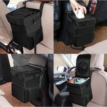 Leakproof Car Trash Can With Lid - Collapsible Automotive Garbage Bin For Trucks & SUVs, Road Trip Essentials Organizer With Storage Bag (Unisex Design) - 黑色 - 查看 6
