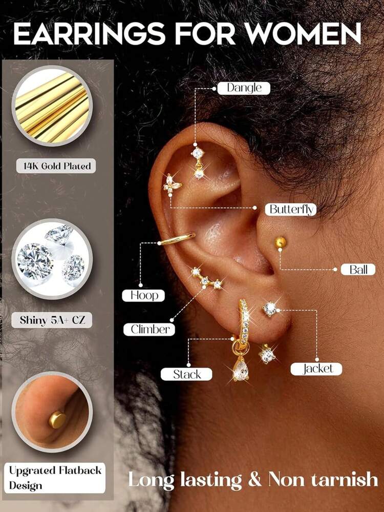 11Pairs Hypoallergenic Flat Back Earrings For Women -Silver Surgical Steel Earring Stacks Set | Small Stud & Hoop For Cartilage, Helix, Tragus | Multiple Piercing Comfort Jewelry Silver - 金色 - 查看 4