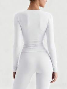 XLLAIS Women's Fashion Half Zip Tight Fit White T-Shirt, Stretchy Casual Long Sleeve Solid White Top, Autumn Apparel Spring - White - View 5