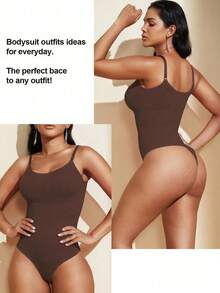 1pc Women Seamless Shaping Bodysuit With Thong Bottom, Slimming Bodyshaper Tummy Control Flat Belly Sheath Jumpsuit Shapewear Waist Trainer Shaper - 棕色 - 查看 4