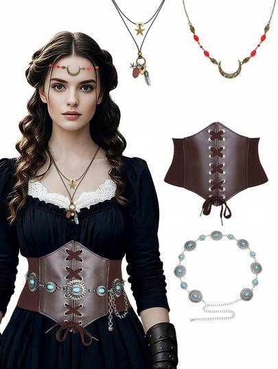 Set de 4 piezas: Cinturón de corsé estilo medieval renacentista retro, cadena de cintura de metal, collar de plumas, tocado retro, adecuado para disfraz de vikingo, fiesta de Navidad de mujeres, accesorios de cosplay para fiesta de Halloween