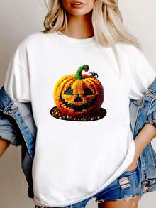 180g pure Cotton Master Builder Pumpkin  Building Blocks Bricks Halloween T-Shirt Women Top Graphic Tees Breathable Top For Everyday Wear Comfortable Slightly Stretched Stylish Casual Versatile Unisex women graphic female designer clothes T-Shirt For Women Casual - Blanco - Ver 7