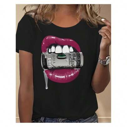 Fashion - forward Bold Tee: Embody a Flashy and y Vibe with the Money - lips Motif