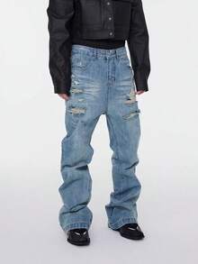 Men's Fashionable Y2K Distressed Washed Loose Straight Leg Jeans - Light Wash - View 1
