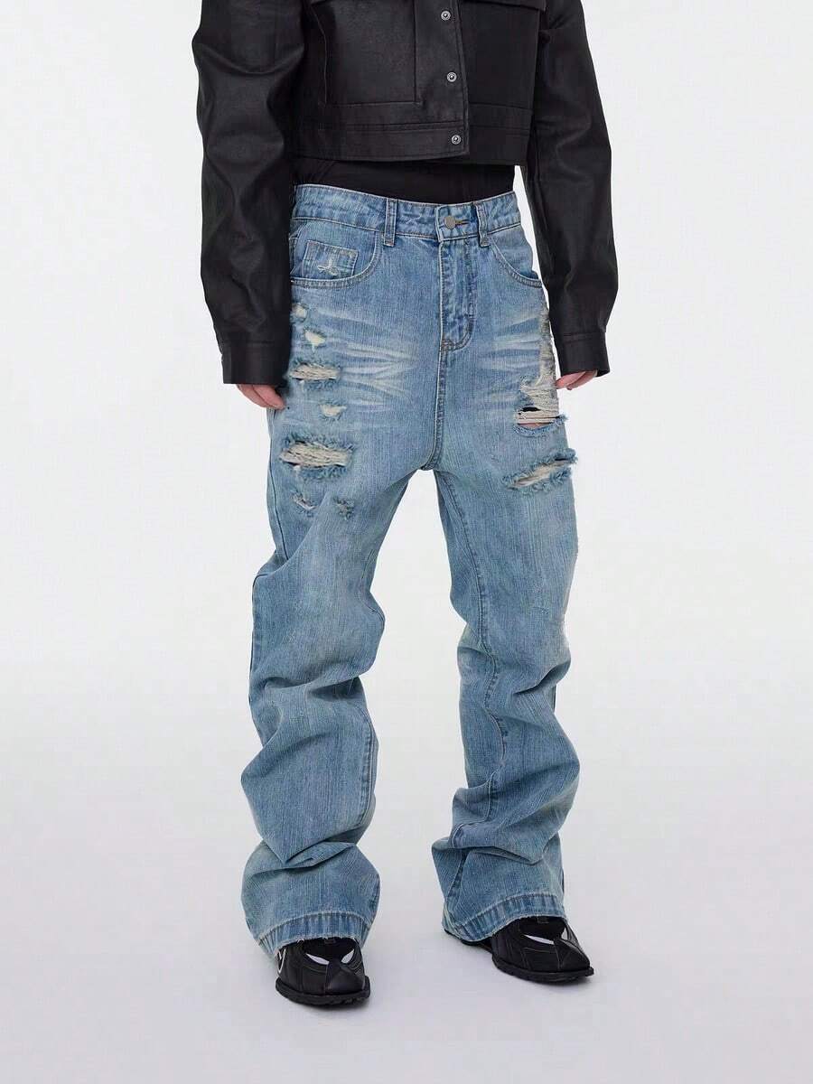 Men's Fashionable Y2K Distressed Washed Loose Straight Leg Jeans - Light Wash - View 1