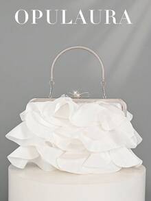 Bolso de mano elegante y encantador con diseño de pétalos de OpulAura para mujer, bolso con volantes adecuado para vestido de noche, apto para boda/vacaciones/fiesta formal/baile de graduación, incluye cadena - Blanco - Ver 7