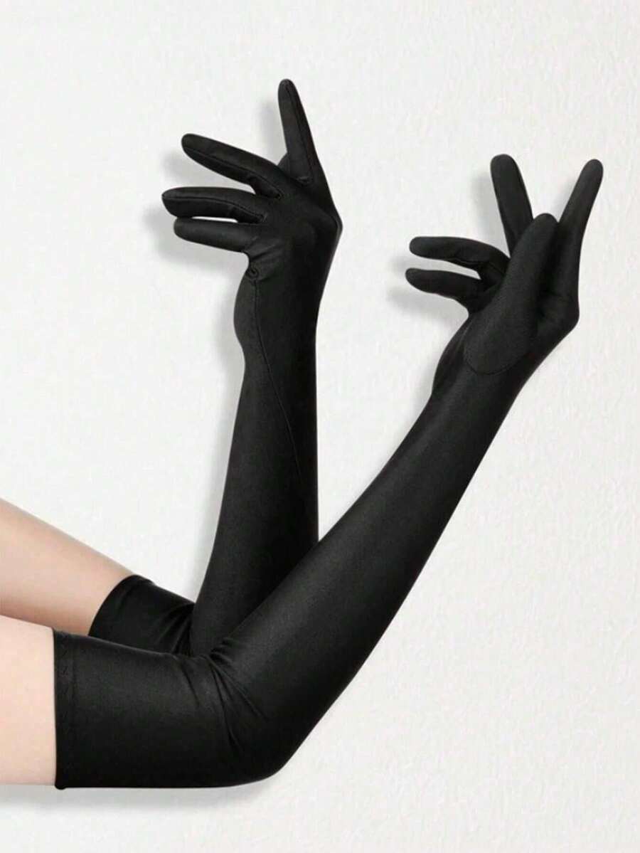 1双长手套女式缎面手套 21英寸长手套女式花式歌剧手套肘长手套服装 - 黑色 - 查看 1