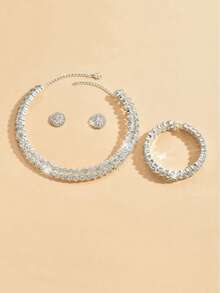 3 件套奢华新娘婚礼项链、手链、耳环套装、全水钻装饰颈链、多层项链、新娘配饰