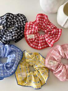 1 pieza/Set de 5 Scrunchies con estampado de cuadros, lazos elásticos de estilo coreano con etiqueta de tela linda, suaves y transpirables, sin dañar el cabello, disponibles en negro/rojo/azul/amarillo/rosa, adecuados para diario, escuela, accesorio de peinado para estilo de cabello al aire libre, sujetador de cola de caballo - Multicolor - Ver 1