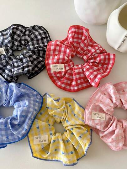 סט 1/5 יחידות של גומייה לשיער עם הדפס משובץ, גומיות שיער אלסטיות בסגנון קוריאני עם תגית בד חמודה, רכות ונשמות, לא מזיקות לשיער, זמין בצבעים שחור/אדום/כחול/צהוב/ורוד, מתאים ליומיום, בית ספר, חוץ, אביזר תסרוקת, מחזיק קוקו, יופי לבית, אביזרי שיער