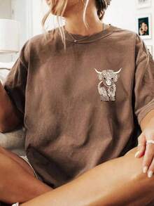Women's Casual Crew Neck Short Sleeve Embroidered Highland Cow T-Shirt, Retro Vintage Western Style, Coffee Color