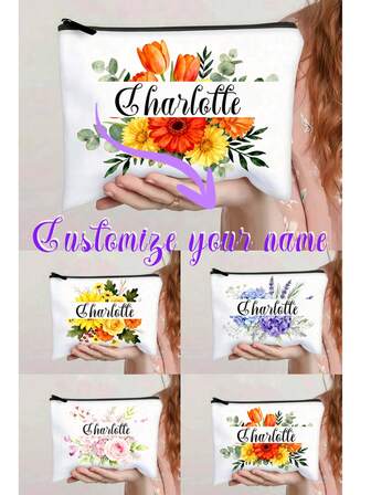 1 pieza Bolsa de cosméticos con patrón floral personalizado, bolsa de almacenamiento de artículos de tocador de viaje, bolsa organizadora con cremallera para obsequios de fiesta, bolsa de cosméticos ligera, regalo perfecto para despedida de soltera