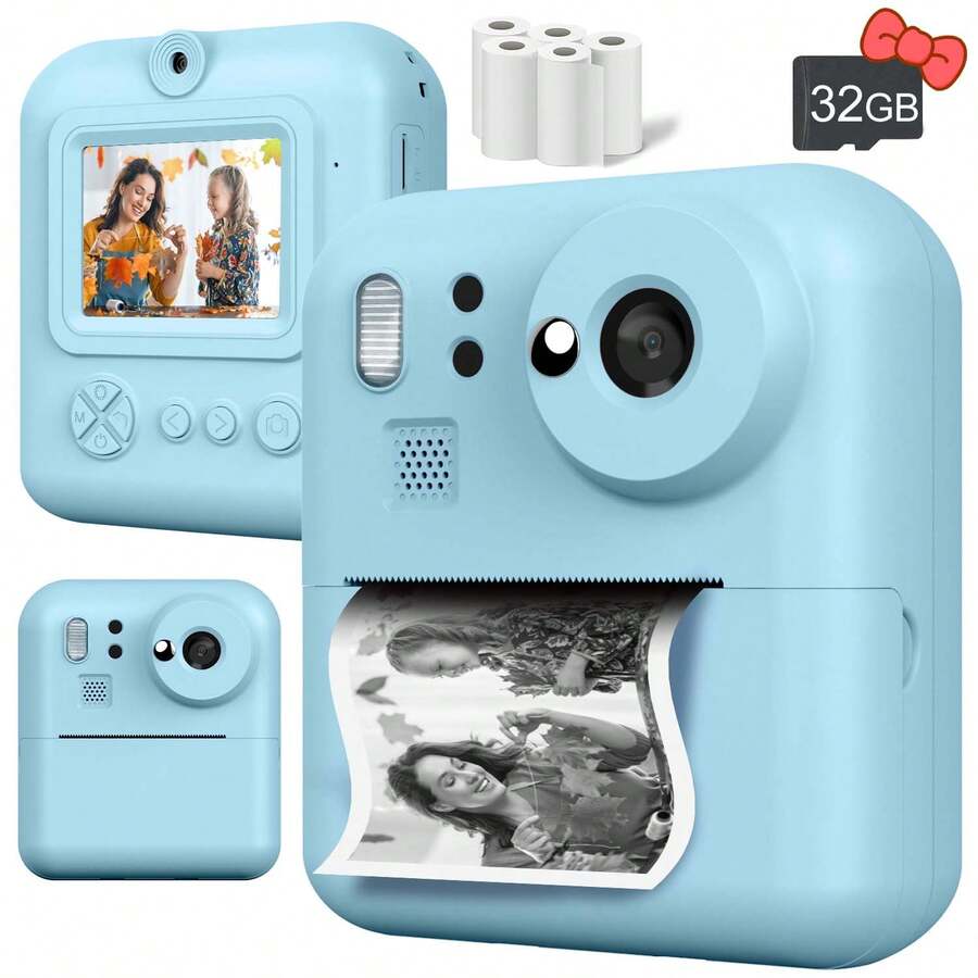 Kid Instant Print Camera Set Featuring A 2.4-Inch Screen 1080P Digital Camera 48MP Camera Two Print Modes And Multiple Printable Stickers Includes Built-In Flash Complimentary 32GB Memory Card USB Charging And Three Rolls Of Print Paper