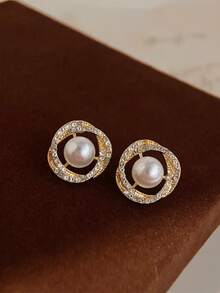 Ellevyn 女士锆石圆形珍珠耳环个性化不对称耳钉优雅高感简约珠宝婚礼女孩女士日常派对配饰、时尚珠宝、最佳朋友礼物 - 銀色 - 查看 11