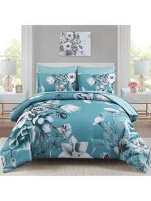7 Pieces Floral Yellow/Aqua/Navy Blue Floral Comforter Set Queen King Bed In A Bag Botanical Floral Comforter Soft Soft Microfiber Complete Bedding Sets For Fall And Wedding Items,Valentines Day Home Bed Room Decor,Easter Gifts,Mothers Day Gift,All Season - 青色 - 查看 7