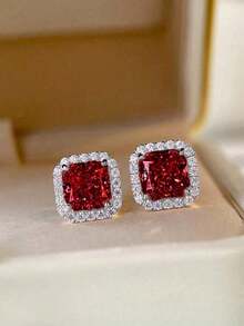 1 Pair Elegant Cubic Zirconia Stud Earrings For Women For Wedding Engagement Anniversary Party Jewelry Valentine's Day Gift, Jewelry Accessories - Đỏ - Xem 6