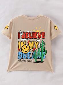 Tween Boy Cartoon Expression And Slogan Print Crew Neck T-Shirts Summer Girl's Csual Tee Soft Tops - Apricot - View 6