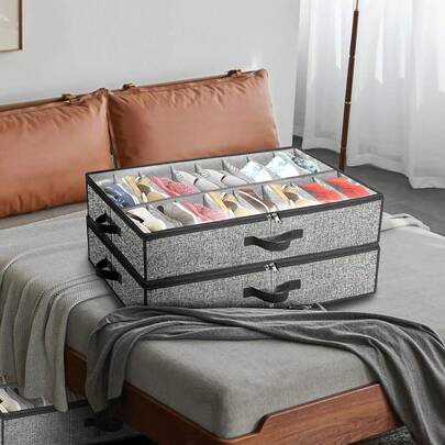 1 pieza - Caja de almacenamiento de zapatos con capacidad grande para debajo de la cama, caja de almacenamiento transparente, plegable, de tela no tejida con rejilla y tapa, caja de almacenamiento de zapatos a prueba de polvo plegable