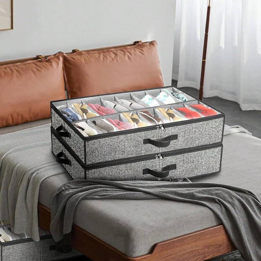 1pc - Large Capacity Bed Bottom Shoe Storage Box Transparent Packaging Storage Box Foldable Non-Woven Fabric Grid Storage Shoe Box With Lid Foldable Dustproof Storage Shoe Box - Multicolor - View 1