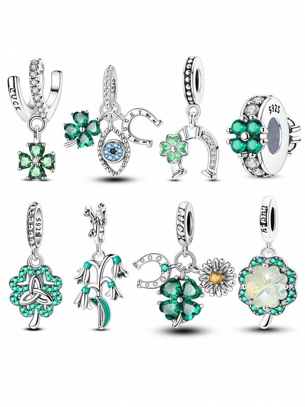 1 pieza Colgante de trébol de cuatro hojas con forma de herradura de plata de ley 925, con circonita cúbica brillante, elegante joyería, regalo para novias, apto para hacer pulseras DIY para uso diario y fiestas