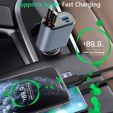 4 In 1 Retractable Car Charger,Super Fast Charging Car Charger Max 120W, Retractable Cable And 2 USB Ports Car Charger Adapter For IPhone 15 14 13 12 Pro Max, Galaxy S23 - Type-C 和 Lightning - 查看 6