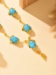 1pc Unique Design Faux Turquoise Beaded Necklace, Middle Eastern Style Pendant Choker Necklace For Women