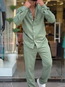 Men's Solid Color Textured Fabric Comfortable Breathable Material Turndown Collar Full Zip Contrast Button Design Long Sleeve Pants 2 Pieces Set, Suitable For Daily Casual, Fashion Minimalist, Beach Resort, Light Business, Multi-Occasion, Spring/Autumn Long Sleeve Pants 2 Pieces Set