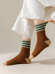 5 Pairs Women's Winter Thickened Mid-Calf Socks, Towel Bottom Striped Long Socks, Marl Color