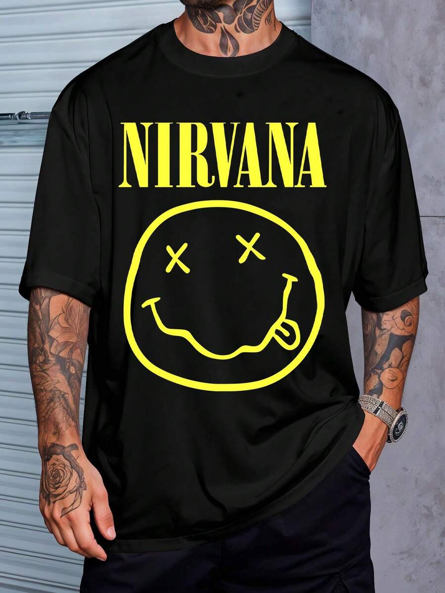 Rock T-Shirt Smile Music Shirt Blouse Unisex Male Female 100% Cotton Top Premium Streetwear New Release Fast Shipping Various Colors!! Plus Size - 黑色 - 查看 1