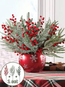 3/6pcs Christmas Tree Branches,2 Green Branches + 1 Red Berry Branches,PE Material,Artificial Cedar Red Berry Branches,Christmas Decorations And Ornaments,21. 65inch/55cm, Artificial Flowers, Autumn And Winter, Artificial Plants, Artificial Flowers, Christmas, Christmas Decorations, Fake Plants