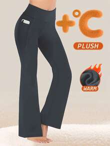 女士高腰喇叭瑜伽裤，带口袋 - 保暖内衬，收腹设计，喇叭裤型，适合运动、跑步、健身、旅行和日常穿着，冬季款 - 灰色 - 查看 2