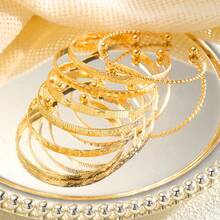 12 Stück/7 Stück/5 Stück Vintage breites Armband Set, minimalistische geometrische offene Armreifen in Gold- und Silberfarben - Gold - Übersicht 4