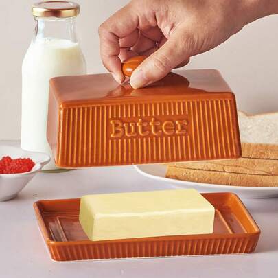 Ursword 1 Set Covered Butter Dish With Lid, Elegant Engraved Butter Holder With Lid, Ceramic Butter Stick Tray Holds Any Size Stick, Decorative Butter Keeper Container For Countertop & Fridge, Large Porcelain Butter Dish, Microwave & Dishwasher