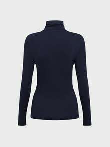Women's Basic Minimalist Vintage Coin Pattern Elegant Casual Turtleneck Long Sleeve Knit Undershirt, Autumn Spring - Navy Blue - View 5