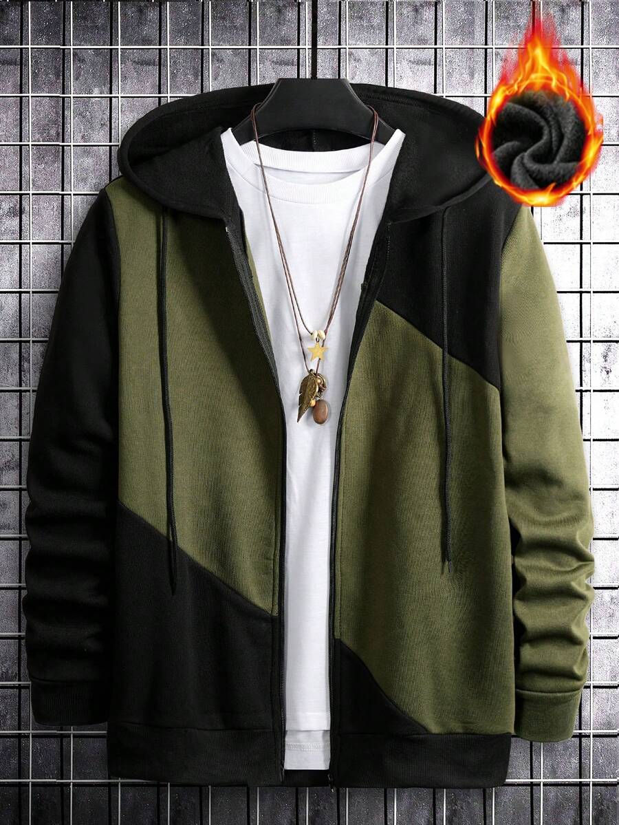 Men's Contrast Color Patchwork Zipper Hoodie Sweatshirt, Long Sleeve Top - Army Green - View 1