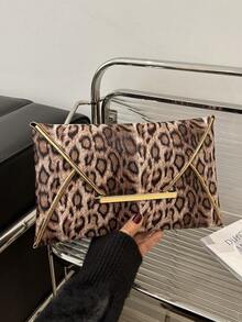Leopard Print & Solid Color Sequin Decor Minimalist Casual PU Clutch Envelope Bag - Coffee - View 9