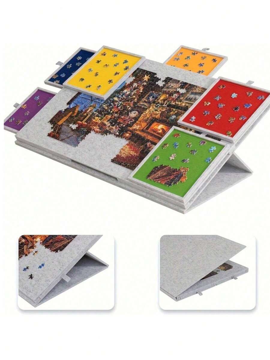 1 Set Puzzle Matte, hält bis zu 1000 Teile, geneigte Puzzle Platte mit 2-in-1 Ständer und Abdeckung, leichte Puzzle Platte mit 6 Schubladen, tragbarer Filz Puzzle Aufbewahrungstisch für Erwachsene