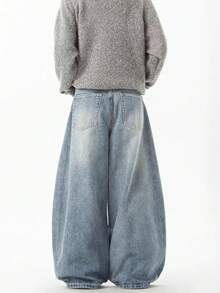 1条装休闲宽松情侣阔腿牛仔裤，百搭街头风格 - 淺藍色 - 查看 5