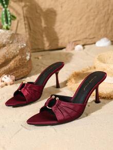On feet& in love Fall/Winter Women's Elegant Satin Pleated Metal Round Buckle Open Toe High Heel Slide Sandals, Suitable For Dresses In Summer, Elegant, Mule - Deep Burgundy - View 6